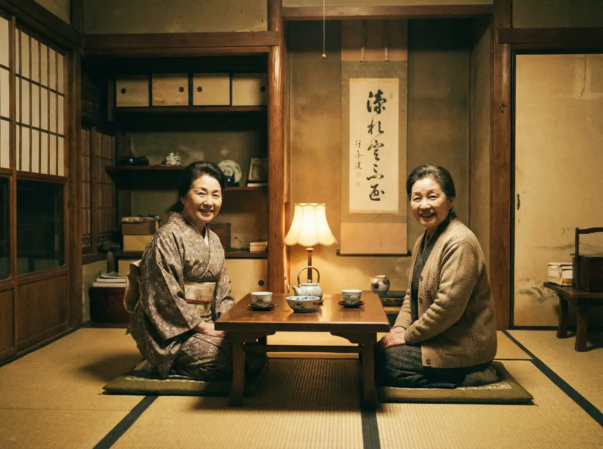 两位优雅的 埃及艳后 下载 在日式茶室中品茶交谈